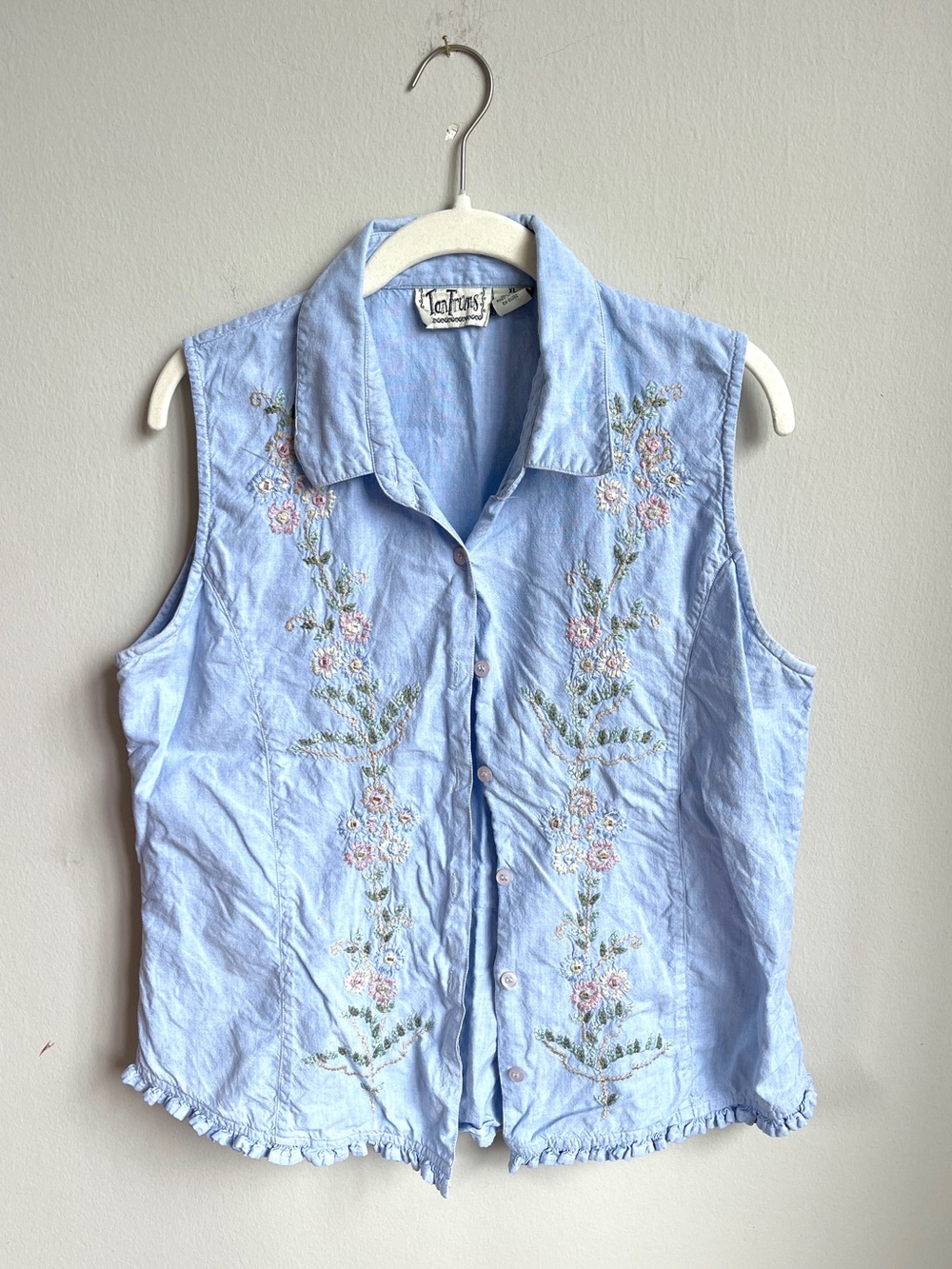 Vintage 90s Tantrums 100% Cotton Blue Embroidered Button-Up Vest/Sleeveless Top
